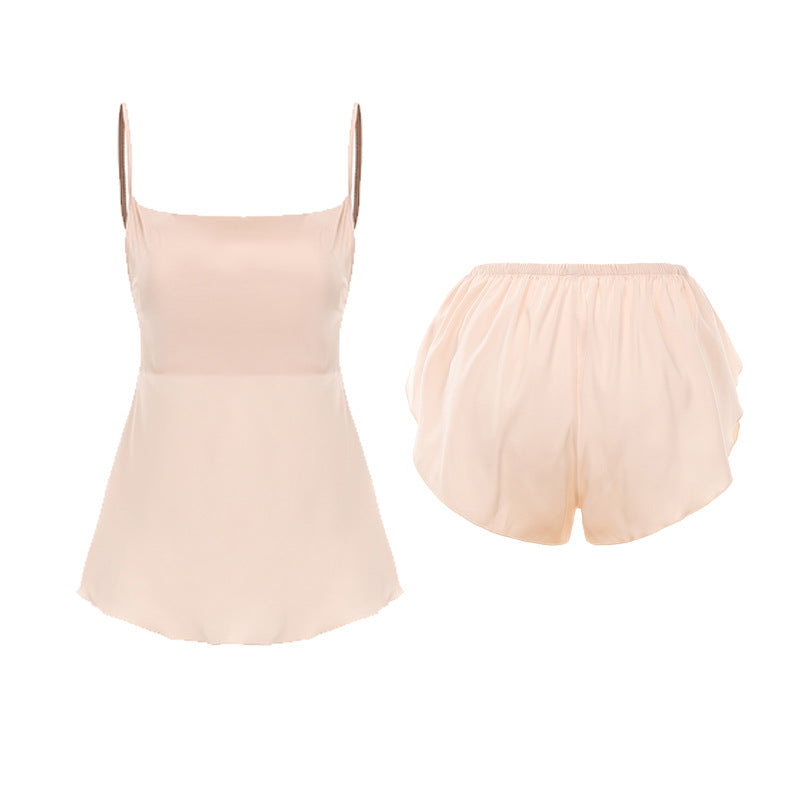 Rose-like Deep V Hot Swing Collar Ice Silk Pajamas Passionate Temptation with Chest Pads Sexy Top and Shorts Women's Set5587