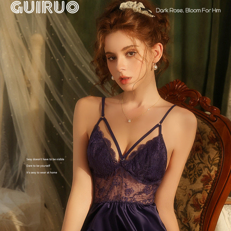 Gorgeous Pure Desire Silky Satin Nightdress Sexy Lazy Lace Passionate Hot Low-Cut Camisole Dress Set14229