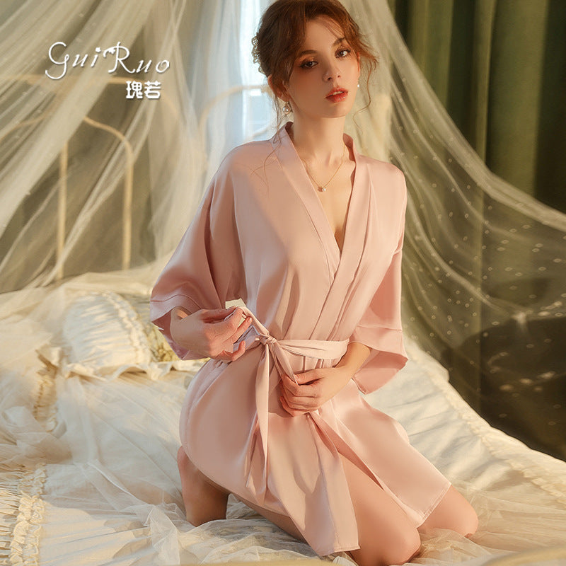 Gorgeous Silky Satin Nightdress Passionate Hot Low-Cut Sexy Deep V Open Front Tie Robe Home Set19652